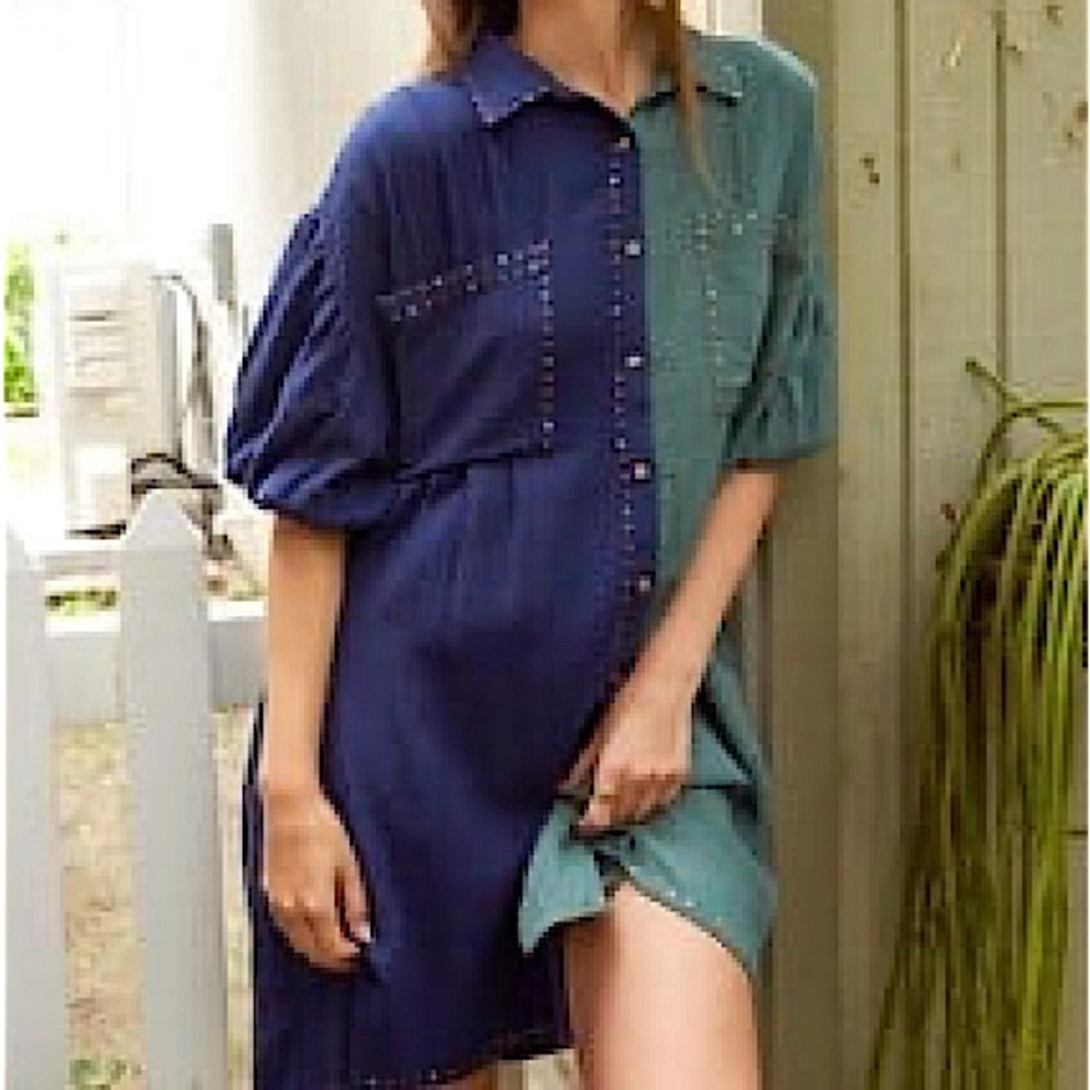 Navy and Green Shirt Dress with Rhinestone Accents NWT